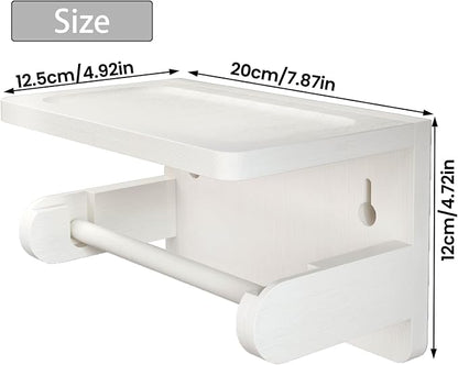 Drill-Free Toilet Paper Holder with Phone Shelf Bamboo Wall-Mounted, No-Drill & Drillable, Bathroom Storage Organizer, Space Saver Tissue Roll Rack for Bathroom, Kitchen, Home Decor (White)
