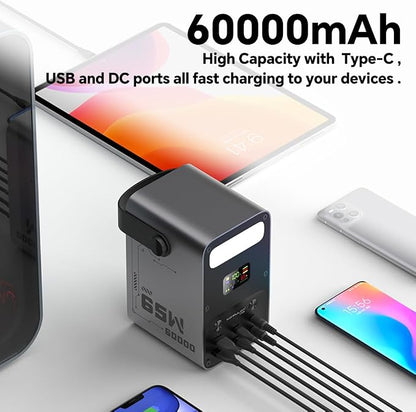 Power Bank 60000mAh Power Station High Capacity Fast Charging PD 65W LiFePO4 Portable Outdoor Generator with DC 12V/3A Output & LCD Display Battery Bank for iPhone 17, Samsung, iPad,MacBook & Camping