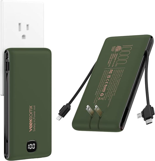 VEEKTOMX Portable Charger with Built in Cables 10000mAh, Power Bank for iPhone with AC Wall Plug, Fast Charging USB C Slim Battery Pack with LED Display Compatible with iPhone 17/16/15, Samsung