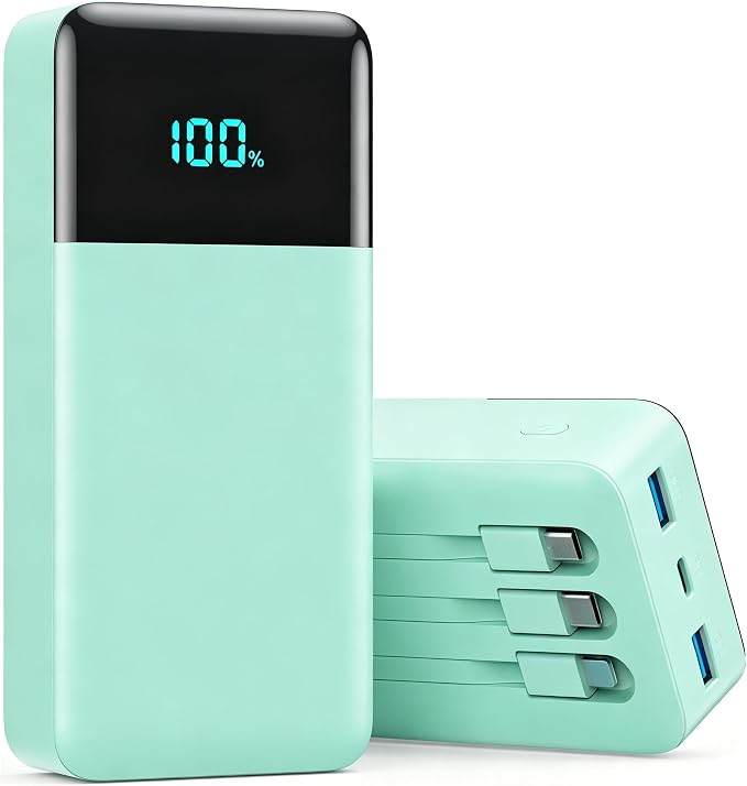 Portable Charger 50800mAh Power Bank with 3 Built in Cables,25W PD QC4.0 Fast Charging USB C Battery Pack,6 Outputs 2 Inputs Travel Essentials Portable Phone Charger for iPhone 17/16/15,Android,Green