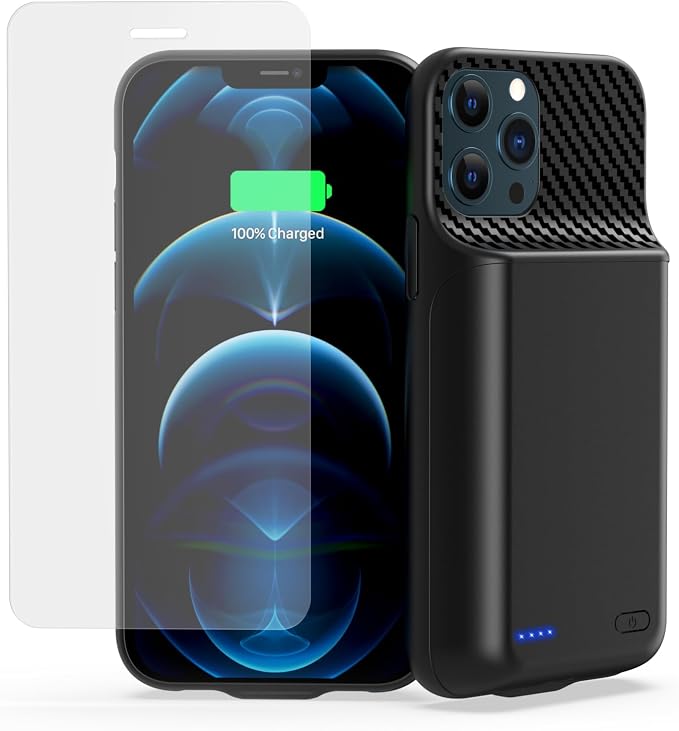 Battery Case for iPhone 12, 12 Pro (6.1 inch), Upgrade 13800mah Portable Slim Battery Charging Case, Rechargeable Charger External Charging Case with Tempered Glass Screen Protector Black
