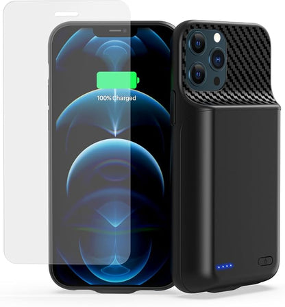 Battery Case for iPhone 12, 12 Pro (6.1 inch), Upgrade 13800mah Portable Slim Battery Charging Case, Rechargeable Charger External Charging Case with Tempered Glass Screen Protector Black
