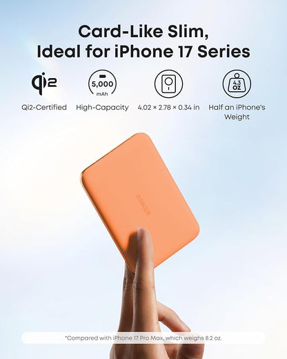 Anker Nano MagSafe Power Bank, Ultra-Slim 5,000mAh Magnetic Wireless Charging Battery, Qi2 Certified 15W Max MagSafe-Compatible Portable Charger, Ergonomic Design, for iPhone Air/17/16 Series