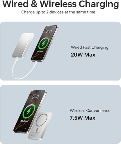 10,000mAh for MagSafe Power Bank Ultra Slim, Magnetic Wireless Charger with USB-C Cable, Fast Charging Portable Battery for iPhone 17/16/15/14/13/12 Series, All-Metal Design, Silver