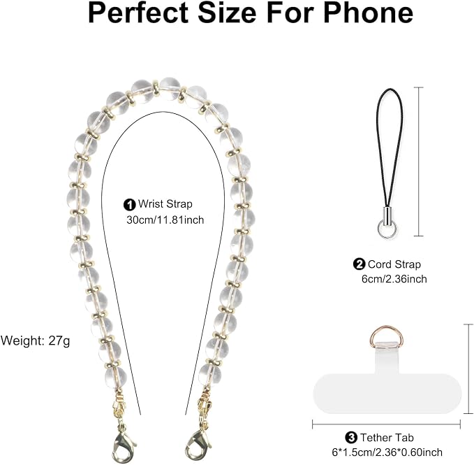 TEAMOLA Natural Stone Phone Charm, Handmade Crystal Cellphone Chain for Universal, Beaded Healing Anti Theft Phone Wrist Strap with Tether Tab, Clear Quartz