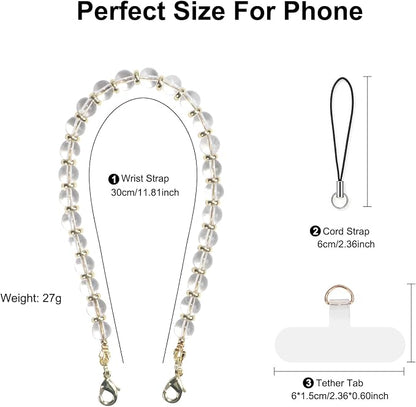 TEAMOLA Natural Stone Phone Charm, Handmade Crystal Cellphone Chain for Universal, Beaded Healing Anti Theft Phone Wrist Strap with Tether Tab, Clear Quartz