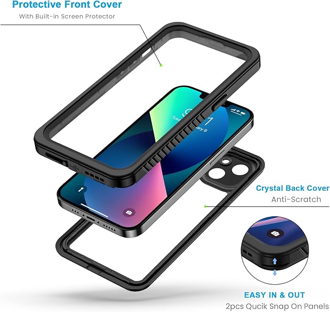 Lanhiem for iPhone 13 Case, IP68 Waterproof Dustproof Shockproof Cases with Built-in Screen Protector, Full Body Sealed Protective Front and Back Cover for iPhone 13, 6.1 inch (Black)