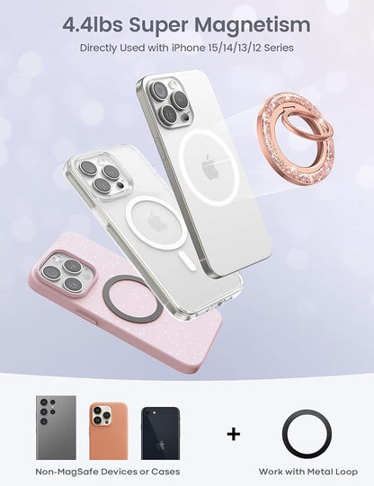 Lamicall Magnetic Twinkle Ring for MagSafe Grip - Stylish Glitter Gift for Women Grils, Magnet Phone Ring Finger Holder Stand, Gear Hinge Mag Safe Accessories for iPhone 17 16 Pro Max, Rose Gold