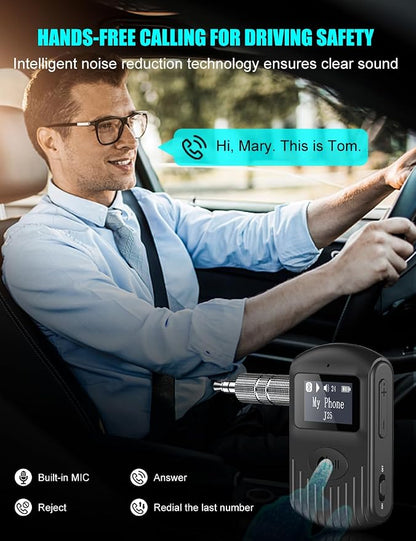 COMSOON Bluetooth Receiver with LCD Screen, Portable 3.5mm AUX Bluetooth 5.0 Adapter for Car/Home Stereo/Speaker/Wired Headphones, Noise Cancelling/Hands-Free Calling/Music Streaming-Black