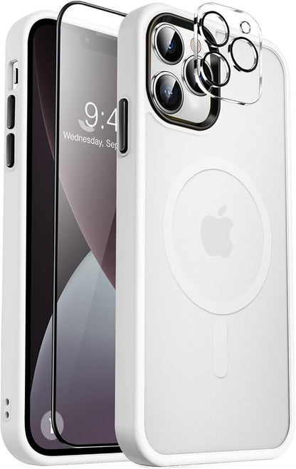MOCCA Strong Magnetic for iPhone 13 Pro Max Case,[Compatible with Magsafe][Glass Screen Protector+Camera Lens Protector] Slim Thin Shockproof Cover Phone Case for iPhone 13 Pro Max 6.7", Frosted White