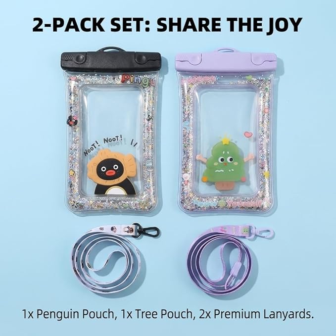 2 Pack Floating Waterproof Phone Pouch, Cute Cartoon IPX8 Dry Bag with Airbag & Adjustable Lanyard, Beach Cruise Ship Travel Essentials for iPhone 17 16 15 Pro Max, Samsung S26 - Black/Purple