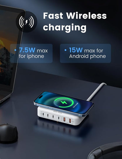 6-in-1 Desktop Charger - 100W USB with 15W Wireless, 2 USB A & 4 USB C Ports for iPhone, iPad, MacBook, Laptop, Samsung & Android Devices