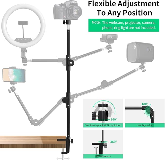 Webcam Stand Camera Mount with Phone Holder & 5/8" Screw, 22in Flexible Projector Stand Gooseneck Desk Mic for Logitech C922 C930e C920 C615 C960 Brio 4K, GoPro, Blue Yeti Snowball Ice