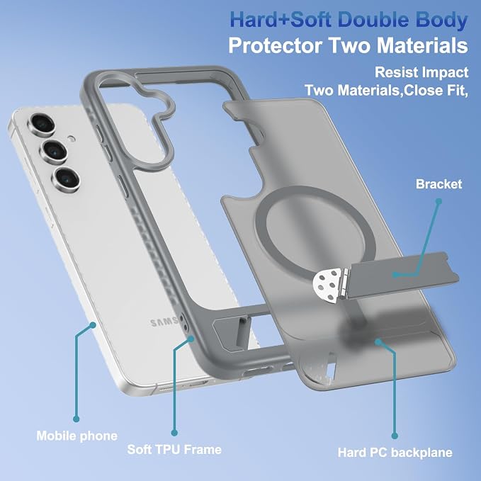 RMOCR for Samsung Galaxy S25 FE Case with Screen Protector+Lanyard Wrist Strap,Magnetic Translucent Matte Rugged Slim Phone Cover Built in Invisible Kickstand [Fit for MagSafe],2025 Grey