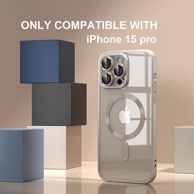 Misea Magnetic for iPhone 15 Pro Case [Never Yellowing] [Military Grade Drop Protection] Full Camera Lens Protector Soft Clear Phone Case for Women Girls, Titanium Natural