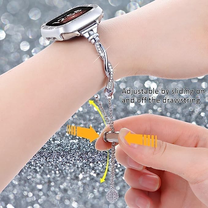 Bling Band Compatible with Fitbit Versa 4/Sense, Fitbit Versa 3/ Sense 2, Double Twist Metal Bangle Bracelet with Rhinestones for (Fitbit Versa 4/Sense 2, Silver)