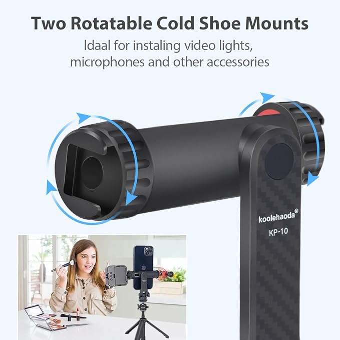 Koolehaoda Phone Tripod Mount, Universal Smartphone Holder 360° Rotates and 180° Tilts Adjustable with 2 Cold Shoe and 1/4" Screw for iPhone, Android Cell Phone, Selfie Stick, Camera Stand