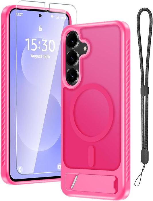 for Samsung Galaxy S25 FE Case with Screen Protector+Lanyard Wrist Strap,Magnetic Translucent Matte Rugged Slim Phone Cover Built in Invisible Kickstand [Fit for MagSafe],2025 Hot Pink