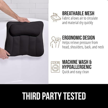 GORILLA GRIP Bath Pillow for Tub, 6 Strong Suction Cups, 4D Mesh FlexComfort Headrest for Neck, Head and Back Support, Luxury Machine Washable Pillows, Bathtub Accessories, Spa Gifts for Women, Black