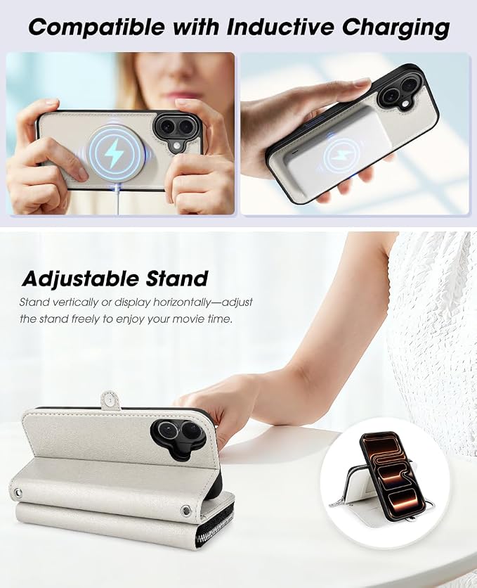OCASE for iPhone 17 Crossbody Detachable Wallet Case, PU Leather Handbag Phone Purse with Zipper Closure, Card Slots & RFID Blocking, Wrist Strap, Lanyard, Kickstand, Cream