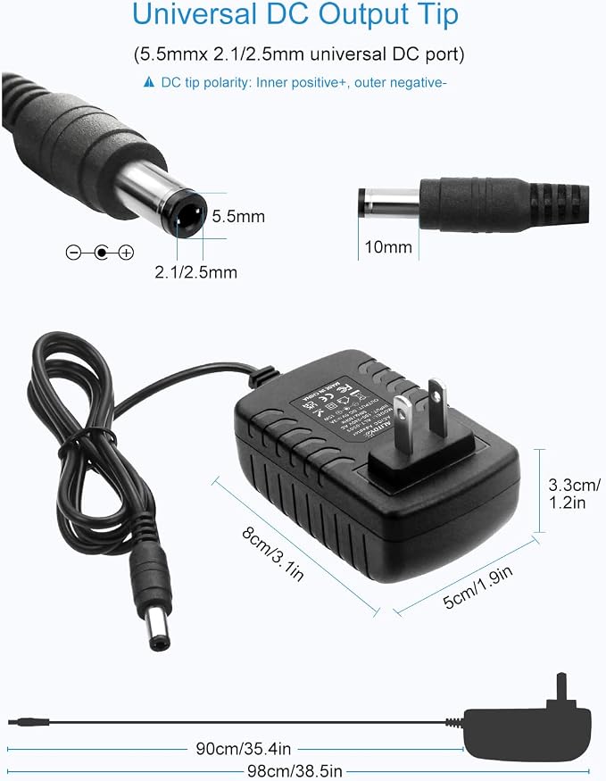 ALITOVE 5V 3A Power Supply Adapter Converter Cord 5.5mm x 2.5mm 2.1mm Plug AC 100V~240V to DC 5 Volt 3000mA 2500mA 15W for WS2812B WS2811 LED Pixel Light CCTV Camera USB-HUB Wireless Router (2 Pack)