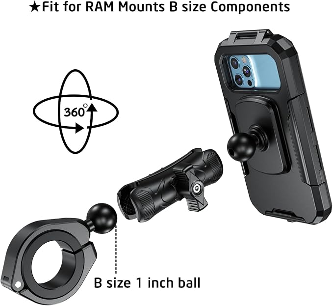 iMESTOU Waterproof ATV Phone Mount with Aluminum 1" Ball Large Clamp Mount Adapter Fits for ATV UTV 1.5''/1.75''/1.85''/2''/2.1'' Handlebars, Suitble for 5.5"-6.8" Smartphones (Size L)