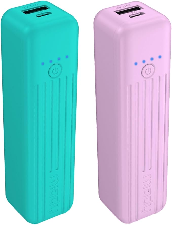 Miady 2-Pack Small Portable Charger Mini Power Bank Lipstick Battery Pack | 5000mAh丨18.5Wh丨Dual USB丨Pocket Size丨Compatible with iPhone Android etc丨Flight-Safe丨Lightweight丨Green+Purple