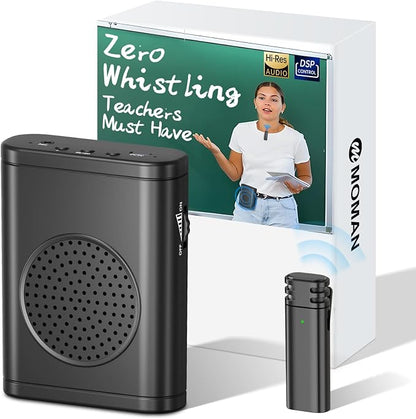 Moman Voice Amplifier with Wireless Lavalier Microphone, Zero Whistling Low Latency Portable Speaker, Personal PA System with Wireless Clip on Mic for Teachers Classroom Yoga Tour Guide Meeting Coach