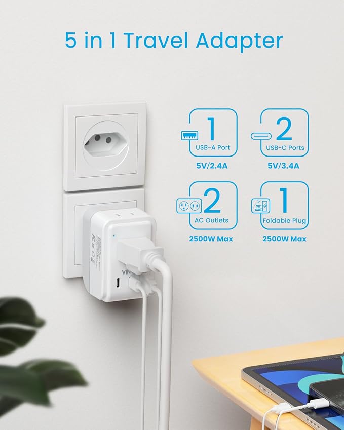 2 Pack Brazil Power Adapter, VINTAR Foldable Type N Plug Adapter with 2 AC Outlets 3 USB Ports (2 USB C), Brazil Outlet Plug for US to Brazilian