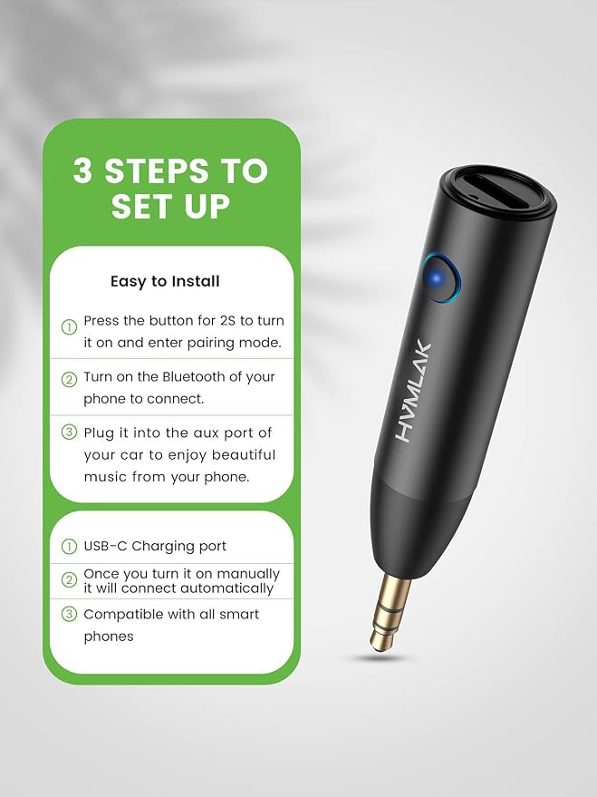 Bluetooth 5.4 Car Aux Adapter with Enhanced Microphone, 3.5mm Jack for Car Home Stereo, USB-C Charging, Sturdy Case, 1 Piece