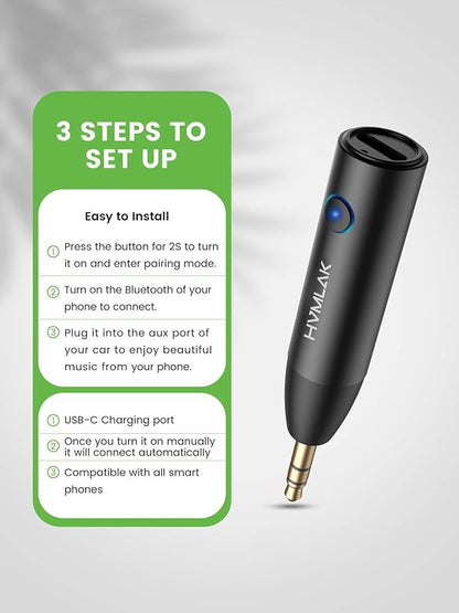 Bluetooth 5.4 Car Aux Adapter with Enhanced Microphone, 3.5mm Jack for Car Home Stereo, USB-C Charging, Sturdy Case, 1 Piece