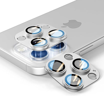 for iPhone 14/15/16 Pro & Pro Max Camera Lens Protector, Step Tempered Glass with Metal Alloy Frame, for iphone 15 pro camera lens protector, Clear Photography, Military-Grade Protection,Silver