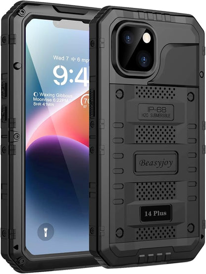 Beasyjoy for iPhone 14 Plus Case, IP68 Waterproof Metal Heavy Duty Defender Case with Built-in Screen Protector, Military Grade Full Body Protective Defender Shockproof Rugged Cover 6.7 Inch, Black
