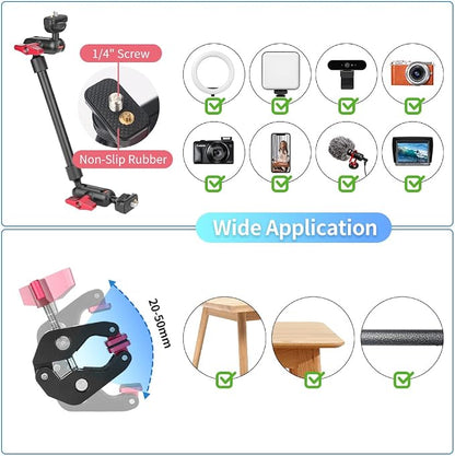 13"/34cm Magic Arm w Clamp, Camera Mount & Clamp w 1/4" 3/8" Threads and Articulating Friction Magic Arm, Overhead Phone Mount, Camera Boom Arm Mount for Light Webcam Mic Action Camera Monitor