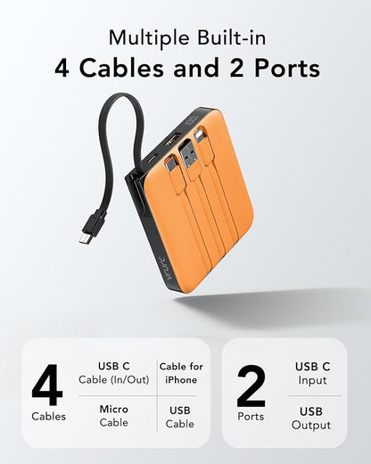 VRURC Portable Charger USB C for iPhone, Cargador Portátil para iPhone 10000mAh, Power Bank with Built-in Cables, 22.5W Fast Charging, LED Display, Slim for iPhone 17 Pro Max & Series (Orange)