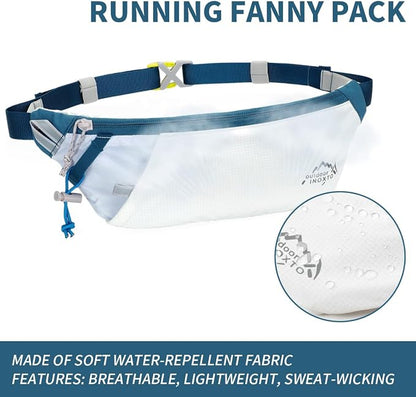 INOXTO Slim Running Belt Fanny Pack for Women and Men Sports Waist Bag Pack with 300ml Water Bottle for Running Walking Cycling Hiking Reflective Running Pouch Belt for All Phones (Black) (White Blue)
