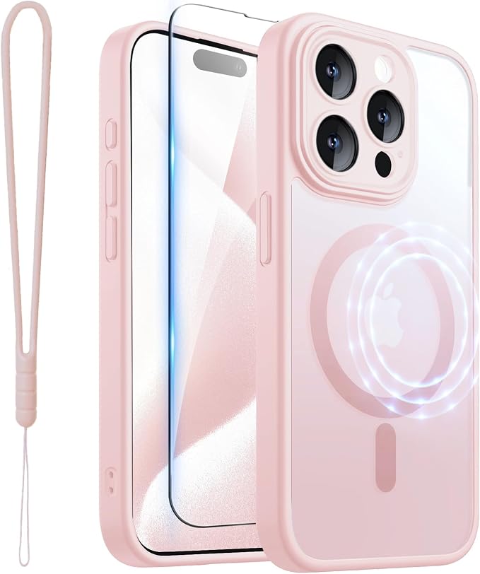 ROYBENS for iPhone 15 Pro-Max Matte Clear Case Compatible with Magsafe, Full Camera Lens Protection, Screen Protector, Wrist Strap, Translucent Magnetic Slim Hard Protective Phone Cover, Pink
