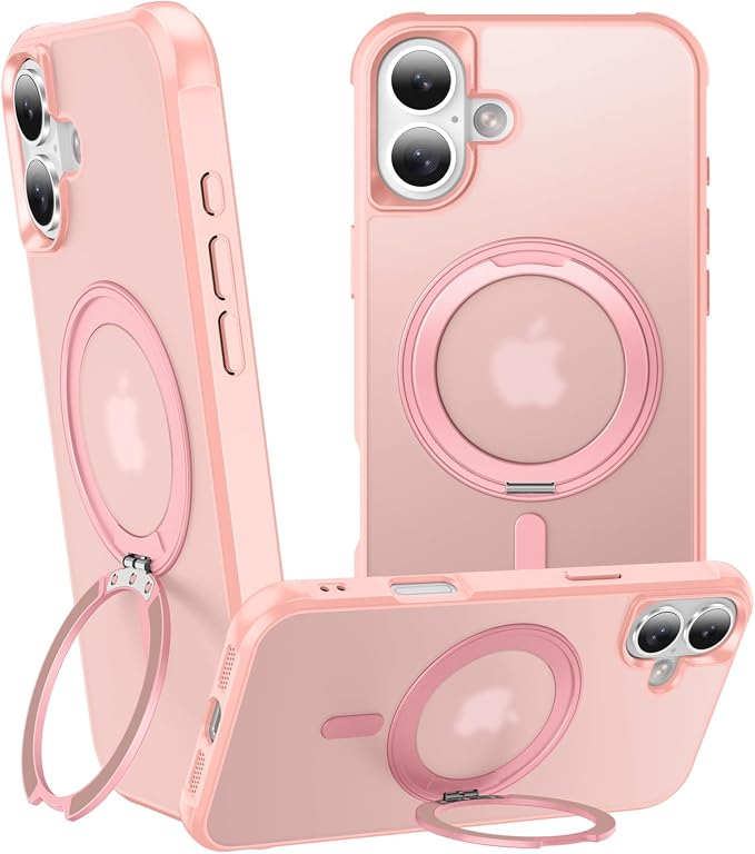 360° Magnetic Swivel Ring for iPhone 16 case, Built-in Metal Stand and Ring Holder, Magsafe Compatible, Military Grade Protection, Shock and Vibration Resistant - Pink