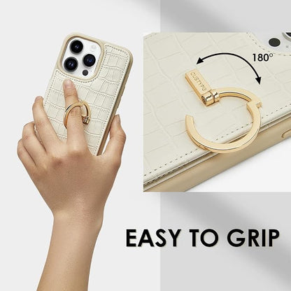 CUSTYPE for iPhone 13 Pro Max Wallet Case with Card Holder, Leather Protective Case with Ring Holder Kickstand Card Slots for Women and Men for iPhone 13Pro Max 6.7"-Beige