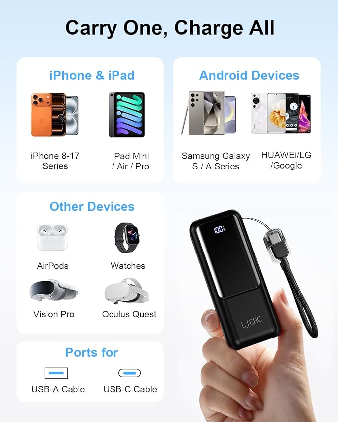 Mini Portable Charger,Small 22.5W PD Power Bank,10000mAh USB C in&Out Fast Charging Pocket Size Battery Pack,Travel Essentials Phone Charger for iPhone 17 16 15 Pro Air,Samsung S24,Android,iPad etc