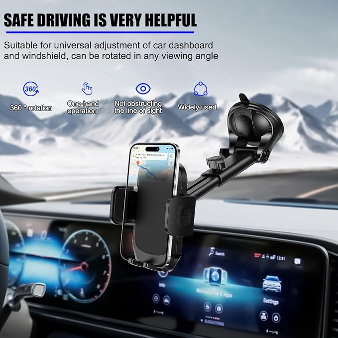 HZEL Car Dash Mount Phone Holder, 360° Adjustable Strong Suction Cup Vehicle Windshield Mobile Phone Mount, Hands Free Automotive Cellphone Stand, Suitable for 1.97-4.33" Smartphone (Black)