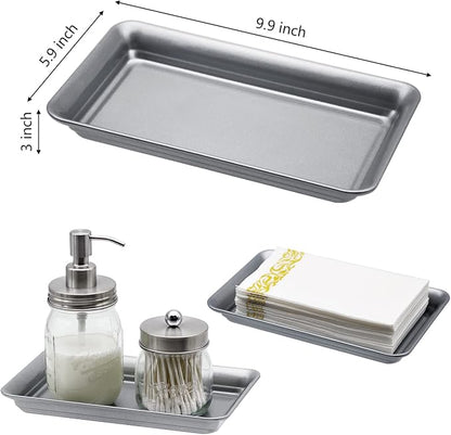 Vintage Farmhouse Decor Metal Vanity Tray(2 Pack),Countertop Guest Hand Towel Storage Organizer Tray Dispenser, Sturdy Holder for Perfume,Cosmetics, Jewelry, Makeup Bathroom Organizer (Silver)