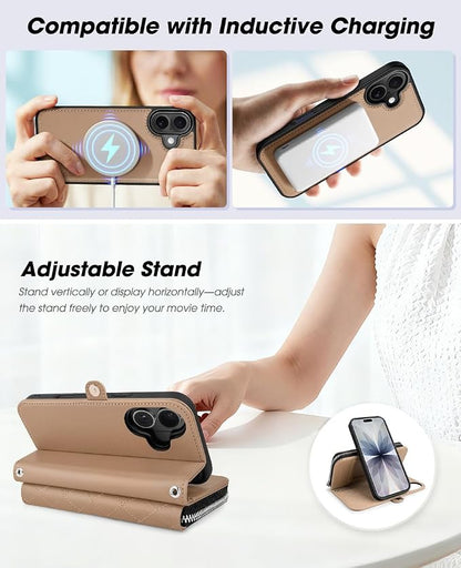 OCASE for iPhone 17 Crossbody Detachable Wallet Case, PU Leather Handbag Phone Purse with Zipper Closure, Card Slots & RFID Blocking, Wrist Strap, Lanyard, Kickstand, Diamond Check Khaki