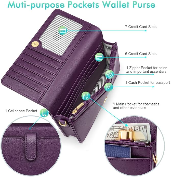 nuoku Women Small Crossbody Bag Cellphone Purse Wallet with RFID Card Slots 2 Straps Wristlet