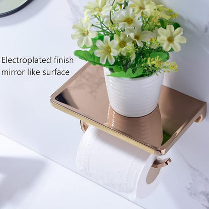 TRUSTMI Toilet Paper Holder with Phone Shelf, Bathroom Accessories Tissue Roll Dispenser Storage Wall Mounted, Plated Rose Gold
