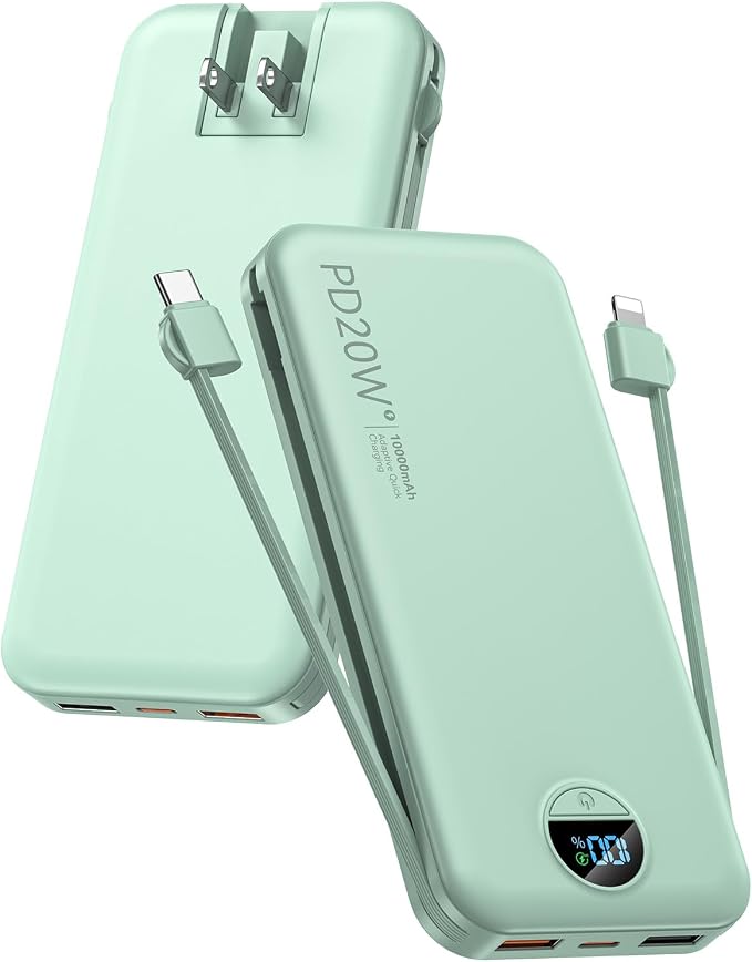Portable Power Bank, 10000mAh PD20W Phone Charger with Built-in Cables and Wall Plug, USB C Fast Charging Battery Bank with Smart LED Display, External Battery Pack for iPhone, iPad, Samsung etc Green