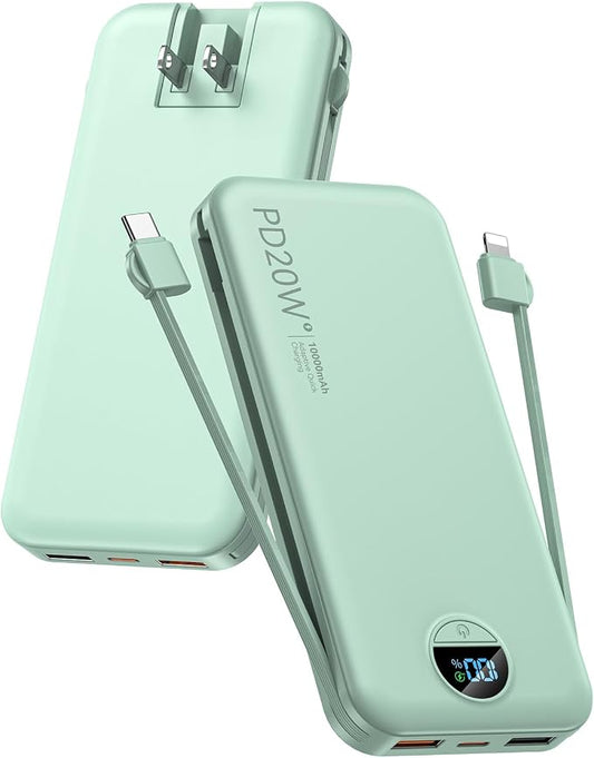 Portable Power Bank, 10000mAh PD20W Phone Charger with Built-in Cables and Wall Plug, USB C Fast Charging Battery Bank with Smart LED Display, External Battery Pack for iPhone, iPad, Samsung etc Green
