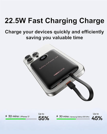 VEEKTOMX Small Portable Charger 10000mAh (Not Magnetic) | Built-in Cables, 22.5W Fast Charging USB-C Battery Pack, TSA Approved Travel Charger for iPhone, Samsung, Android