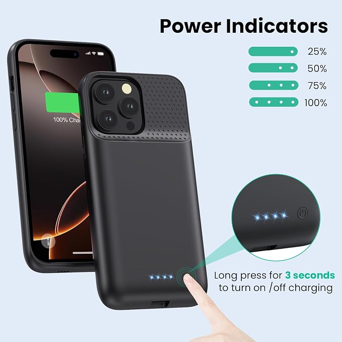 Feob Battery Case for iPhone 16 Pro Max,Ultra-Slim 8600mAh Portable Charger Cover 360°Protection Rechargeable Extended Battery Charging Case for iPhone 16 Pro Max-Black