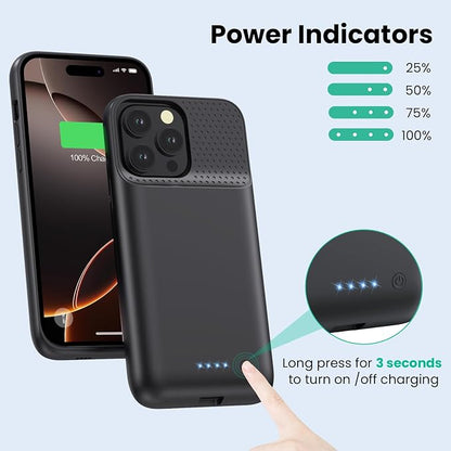 Feob Battery Case for iPhone 16 Pro Max,Ultra-Slim 8600mAh Portable Charger Cover 360°Protection Rechargeable Extended Battery Charging Case for iPhone 16 Pro Max-Black